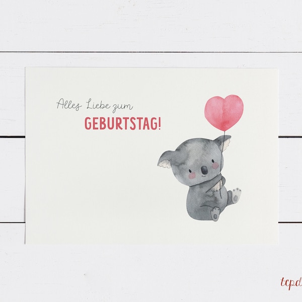 Alles Liebe zum Geburtstag - Koala mit Herzballon | A6 Postkarte zum Geburtstag im Querformat, 300g Naturpapier creme inkl. Umschlag (weiß)