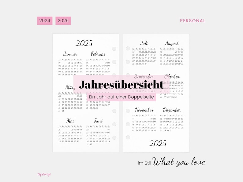 Personal: Jahresübersicht für 2024 & 2025 im Stil What you love Ein Jahr pro Doppelseite / Jahresplaner für Personal Ringbuchkalender A6 Bild 2