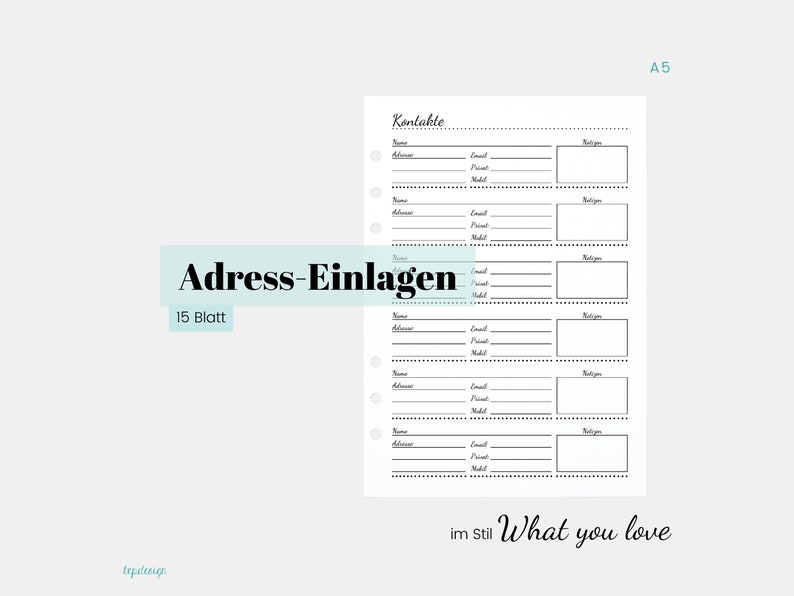 A5: Address inserts in the style What you love 15 sheets / DIY address book / A5 inserts for contacts / address data / appointment calendar A5 insert image 2