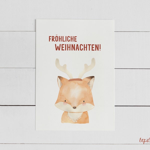 Fröhliche Weihnachten - Fuchs mit Hirschgeweih | Weihnachtskarte, Postkarte in der Größe Din A6, 300g Naturpapier creme mit Umschlag (weiß)