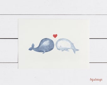 Whale Love - Whales in Love | Din A6 postcard for the wedding in landscape format, printed on 300g natural paper cream incl. envelope (white)