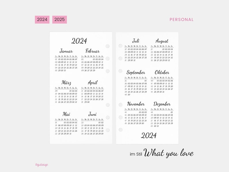 Personal: Jahresübersicht für 2024 & 2025 im Stil What you love Ein Jahr pro Doppelseite / Jahresplaner für Personal Ringbuchkalender A6 Bild 3