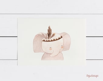 Boho-style elephant | Print in DIN A6 = postcard size in landscape format, printed on 300g natural paper cream