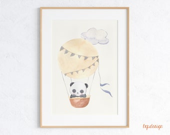 Panda bear in a hot air balloon | Poster in size A4, printed on 160 g natural paper cream | Print for children's rooms & baby rooms