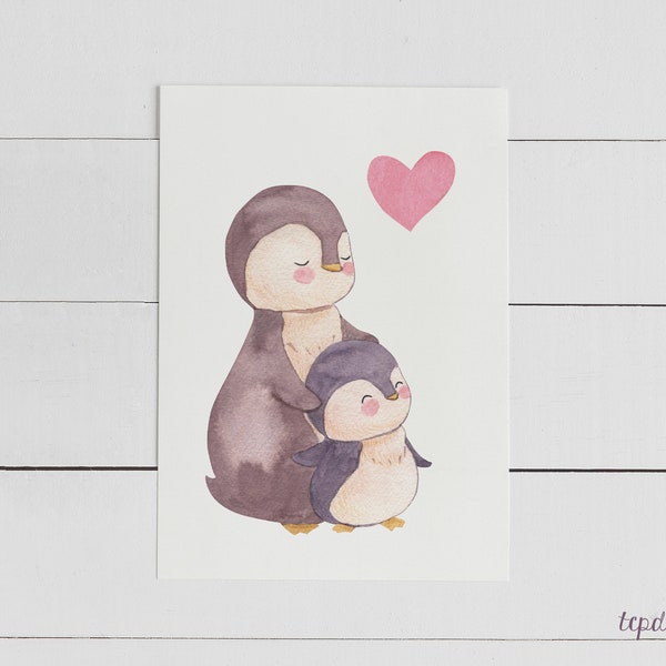 Mutterliebe - Pinguin-Mama mit Kind | Druck in der Größe Din A6 = Postkartenformat, gedruckt auf 300g Naturpapier creme