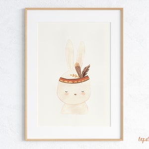 Rabbit in boho style Poster in size A4, printed on 160 g natural paper cream Print for children's rooms & baby rooms image 1