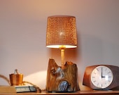 Table lamp made of pine wood, large brown bedside lamp made of burnt wood, wooden table lamp