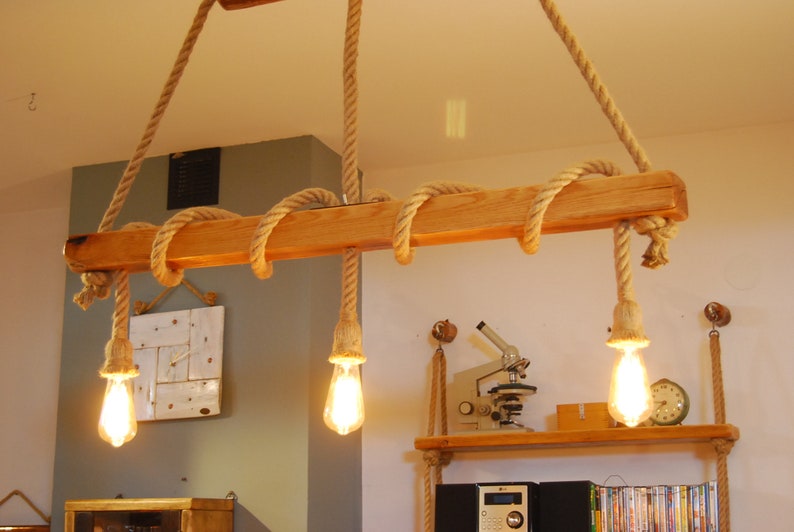 Oak Ceiling Lamp From An Old Beam Hanging Beams Jute Ropes Edison Bulbs