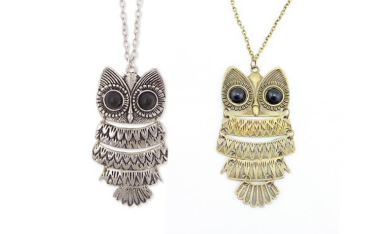 Antique silver or antique gold bronze owls statement chain necklace metal