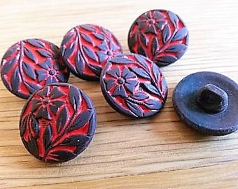 6 blue Red Blossom 18 mm country House old Glass buttons buttons