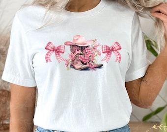 Coquette Boots and Bows Unisex Jersey Short Sleeve Tee | Cowgirl Boots Shirt | Western Graphic tee | Oversized Tee | Coquette Shirt