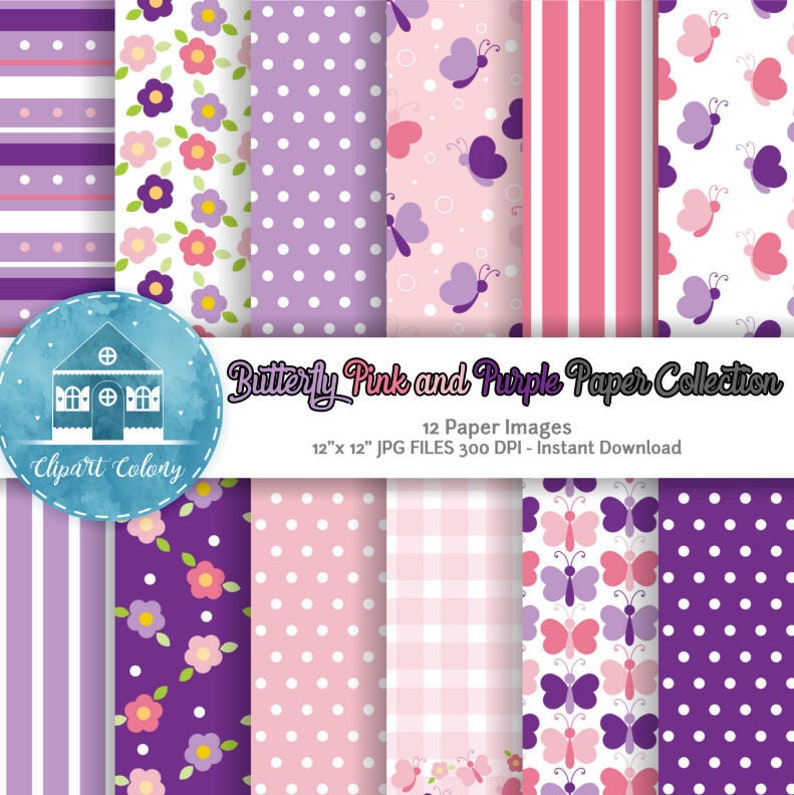 Pink and Purple Butterfly Digital Paper Pack Instant Download JPG Baby Shower Decoration Mothers Day Design Baby Girl Room Deco
