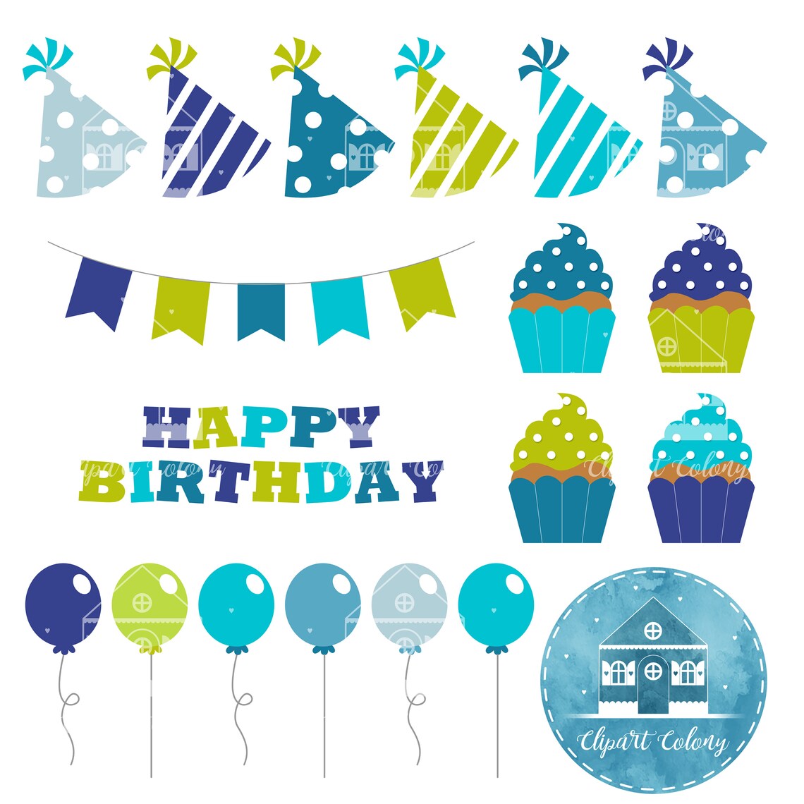 Happy Birthday Blue Clipart Collection // Instant Download PNG | Etsy