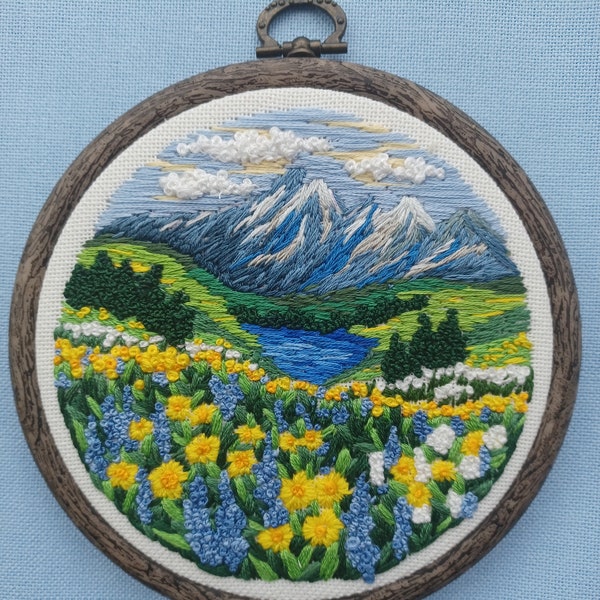 Handstitched detailed and textured peaceful alpine mountain landscape embroidery.alpine flowers/landscape art/alpine landscape/home decor/