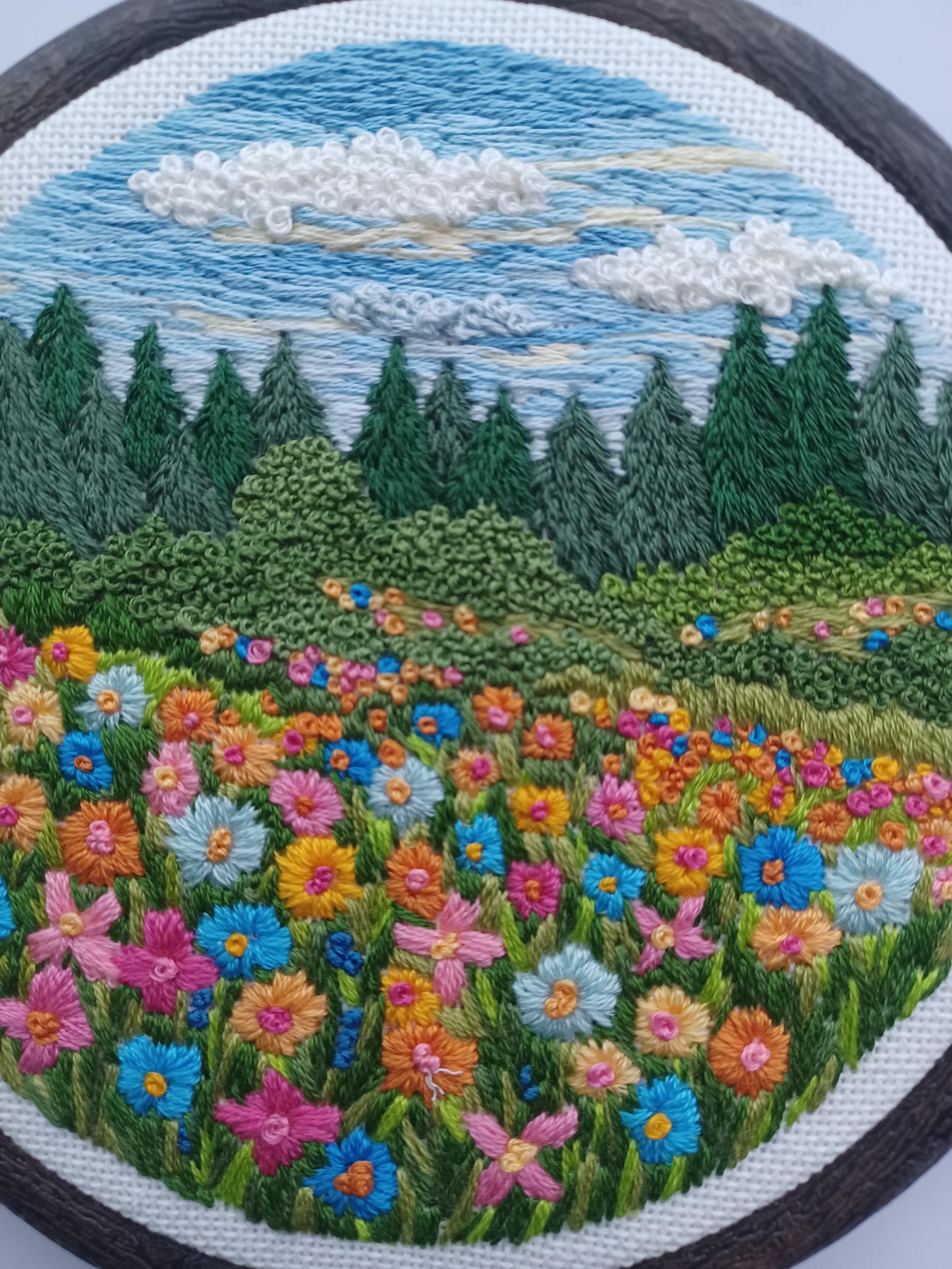 Wildflowers and Pine Tree's Textured Landscape Handstitched Ready to ...