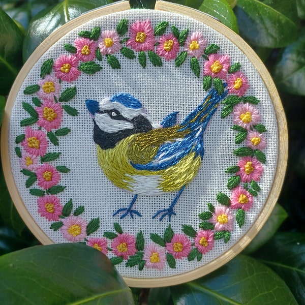 Beautifully handstitched detailed Bluetit embroidery with a border of pink magnolia flowers.garden bird/bird art/magnolia/ embroidery decor/