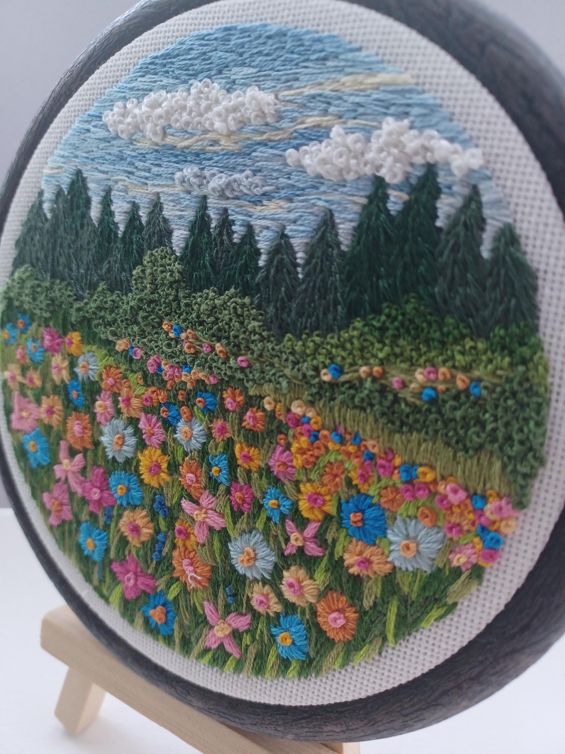 Wildflowers and Pine Tree's Textured Landscape Handstitched Ready to ...