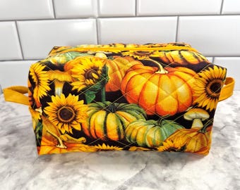 Fall Sunflowers and Pumpkins Quilted Cosmetic Bag