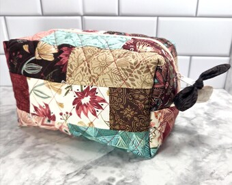 Handmade Patchwork Floral Quilted Cosmetic Bag: Boxy Zipper Pouch