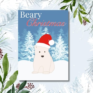 Vrolijke kerstkaart "Beary" | Fijne feestdagen ijsbeerwelp bossneeuw | schattige dierengroet voor familie, vrienden, haar, hem, kinderen, woordspeling