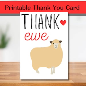 Herunterladbare Ewe Dankeskarte, Wortspiel Tier für Dankbarkeit, innen leer Sofort bedruckbare Freunde und Familie, Silly Farm, Viehzucht, Schaf