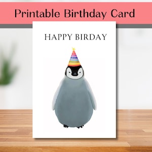 Carte d'anniversaire pingouin téléchargeable, voeux pour amis, enfants, conjoints, jeu de mots oiseau imprimable et instantané, chapeau de fête doux et idiot