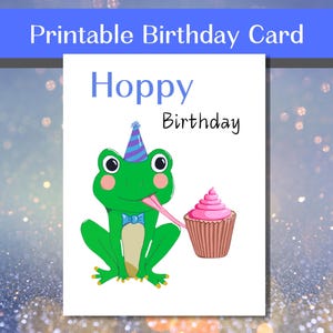 Cartão de Feliz Aniversário Sapo para Imprimir | Disponível Instantaneamente, Sapo Fofo com Cupcake | Animal de Festa para Crianças e Adultos | Presente Único para Ela e Ele