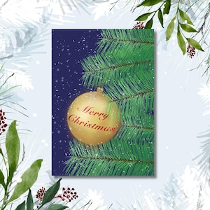 Kaart met vrolijk kerstfeest gouden ornament | Fijne feestdagen bos sneeuw schilderij | serene, vredige nacht groet familie, vrienden, haar, hem, kinderen