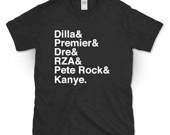 T-shirt de la liste des producteurs de hip-hop : Dilla, Premier, RZA, Kanye