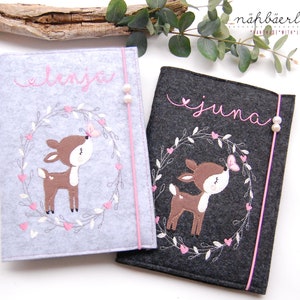 U-Heft Hülle Lenja * Rehkitz im Blumenkranz mit Namen und Fach für Impfpass und Visitenkarte 3 in 1 * Filz * Umschlag * individualisierbar