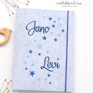 Untersuchungshefthülle / U-Heft-Hülle Jano für Zwillinge und Geschwister BLAU * mit Namen und Fach für Impfpass und Visitenkarte 3 in 1