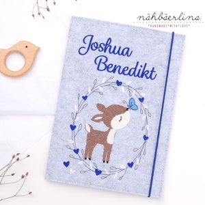 U-Heft Hülle Joshua * Rehbock im Blumenkranz mit Namen und Fach für Impfpass und Visitienkarte 3 in 1 * Filz * Umschlag * indvidualisierbar