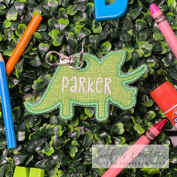 Embroidered Leather Backpack Tag | Green Dino Bag Tag | Back to School Name Tag | Keychain Key Fob | 1st Grade Kindergarten Gift |