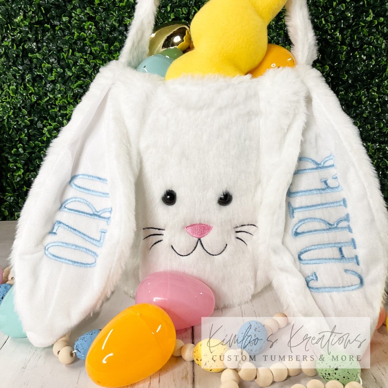 Personalized Easter Baskets Embroidered Bunny Baskets Fuzzy Soft Plush Easter Bunny Egg Hunt Custom Easter Basket image 3