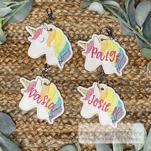Embroidered Unicorn Backpack Tag: Personalized Rainbow Keychain