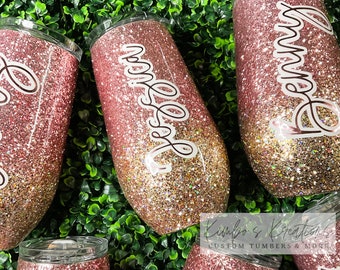 Rose Gold Ombre Glitter Wine Tumbler: Personalized Stainless Steel Gift