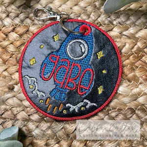Embroidered Leather Backpack Tag | Spaceship Bag Tag | Back to School Name Tag | Keychain Key Fob | 1st Kindergarten Gift | Rocket Backpack