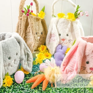 Personalized Easter Baskets Embroidered Bunny Baskets Fuzzy Soft Plush Easter Bunny Egg Hunt Custom Easter Basket image 1