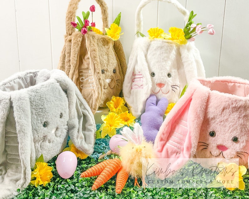 Personalized Easter Baskets Embroidered Bunny Baskets Fuzzy Soft Plush Easter Bunny Egg Hunt Custom Easter Basket image 1