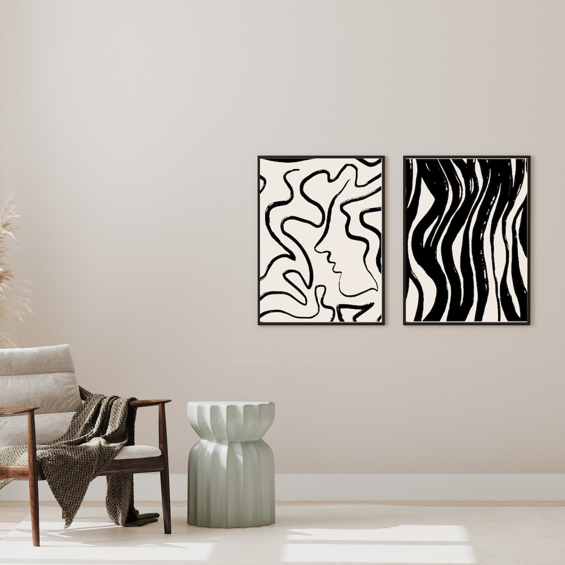 Black Lines Set of 2 Black Abstract Art Print, Abstract Wall Set ...