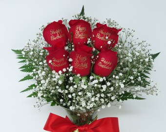 6 Red Roses Happy Birthday in Gold/silver Lettering W/ Bow 