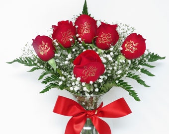6 Red Roses I Love You in Gold Lettering w/ Bow and Vase included