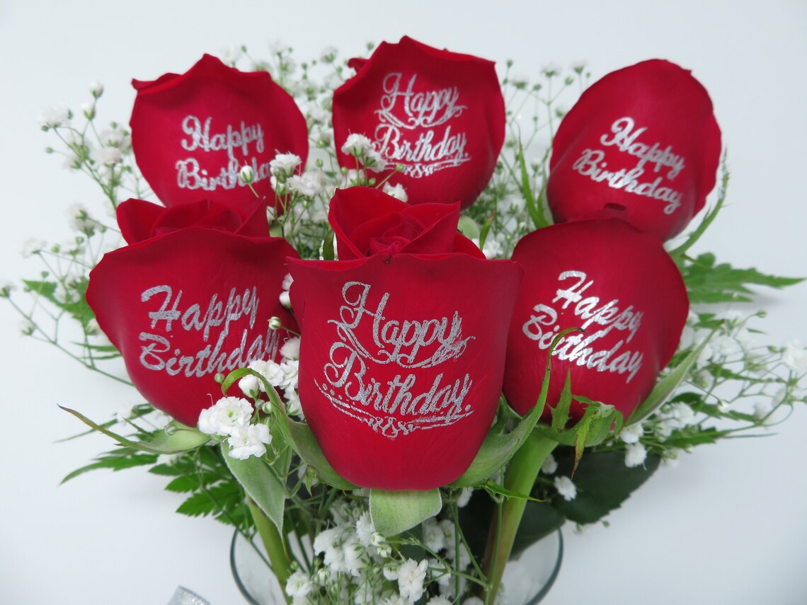 6 Red Roses Happy Birthday in Gold/silver Lettering W/ Bow - Etsy