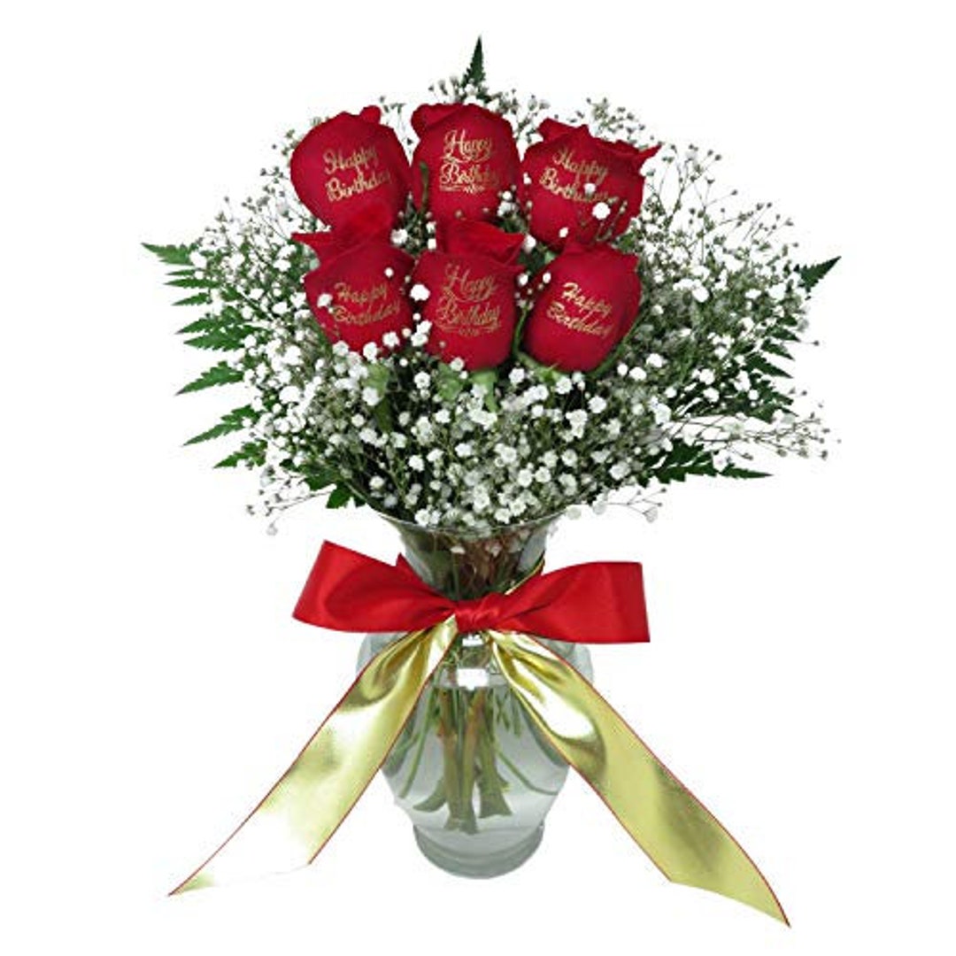 Beautiful Red Roses Bouquet With Happy Birthday in Gold Ink 