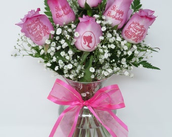 6 Pink Roses - Birthday Queen in Pink Lettering w/ Bow and Vase included