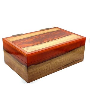 Walnut And Resin Jewellery Box. Handcrafted Large Keepsake Box Wood And Epoxy. Suede Lined Mens Valet Box.