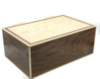 Handcrafted Walnut & Maple Wood Jewellery Box with Tray