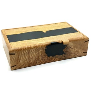 Resin River Keepsake Box. Handcrafted Wood And Black Epoxy Resin Jewellery Box. Modern Men&#39;s Valet Watch Storage. Resin And Wood Desk Box.