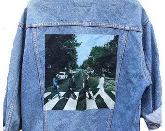 Retro 80s 90s Vintage Denim Jacket - The Beatles Crossing Abbey Road Back Printed Patched Jacket Biker Rocker Jacket