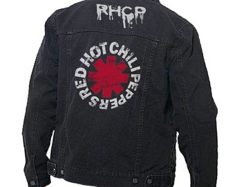 Vintage Denim Jacket Red Hot Chilly Pepper (RHCP) Rock band back print patched Black/Blue Denim